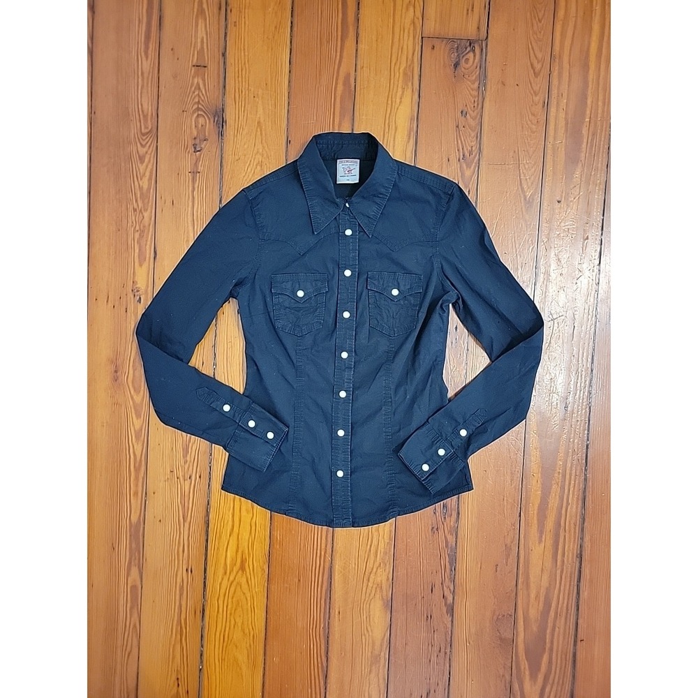 True Religion Womens XS Black Western Pearl Snap Black Long Sleeve Chic Fitted
